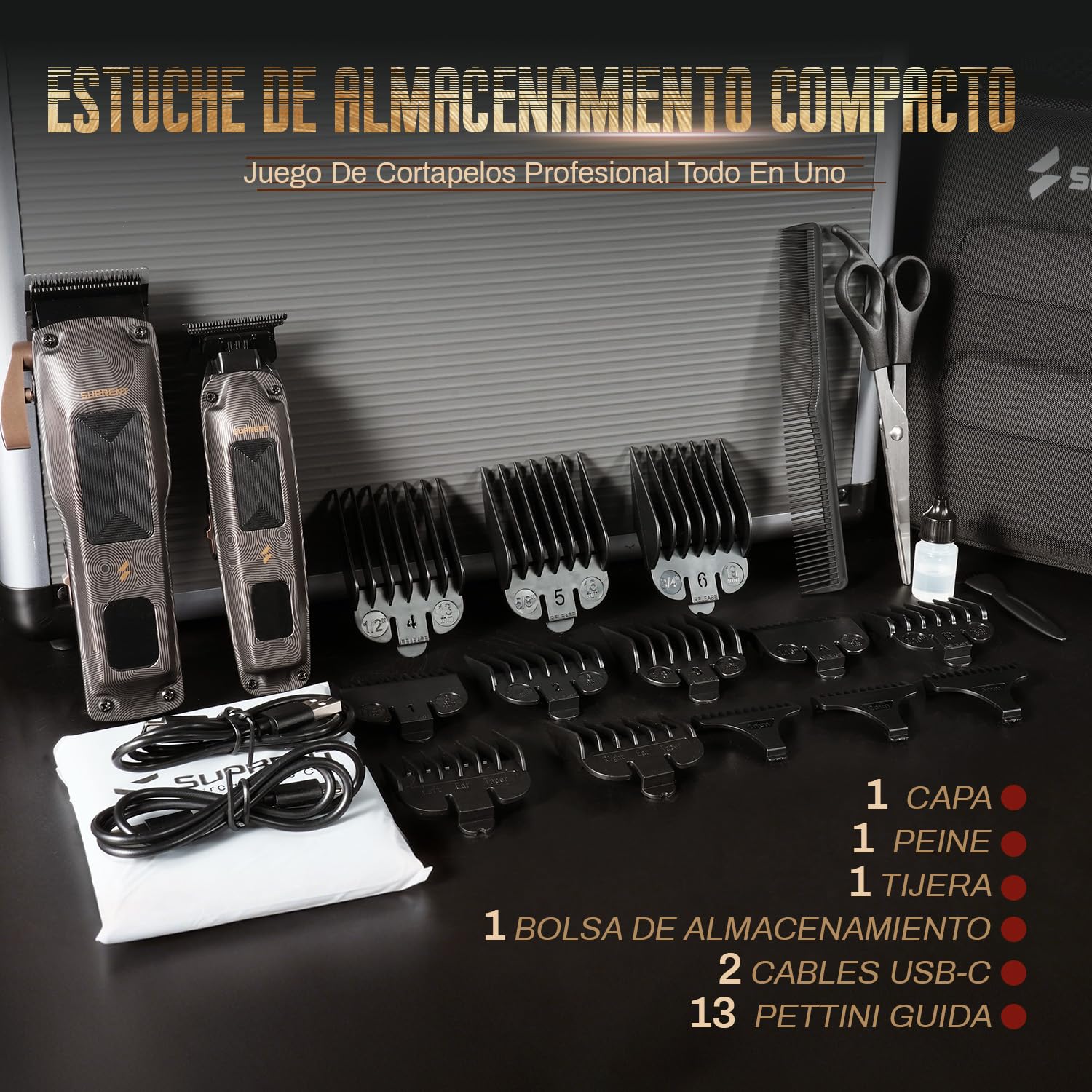 SUPRENT Máquina De Cortar Pelo, Kit Barbero Motor Alta Velocidad 7500 RPM | Inalámbrico, Cuchillas Ajustables, Peines Guía Negros Y Bolsa, Negro Y Dorado
