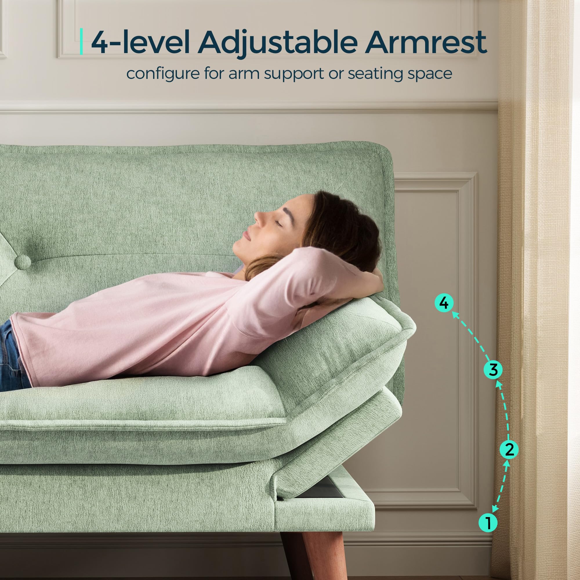 LINSY HOME Futon Sofa Bed, 70" Chenille Futon Couch with Adjustable Backrest Armrest, 3 in 1 Convertible Comfy Loveseat Sleeper Sofa Bed for Small Spaces Dorm Room Apartment Home Office, Light Green