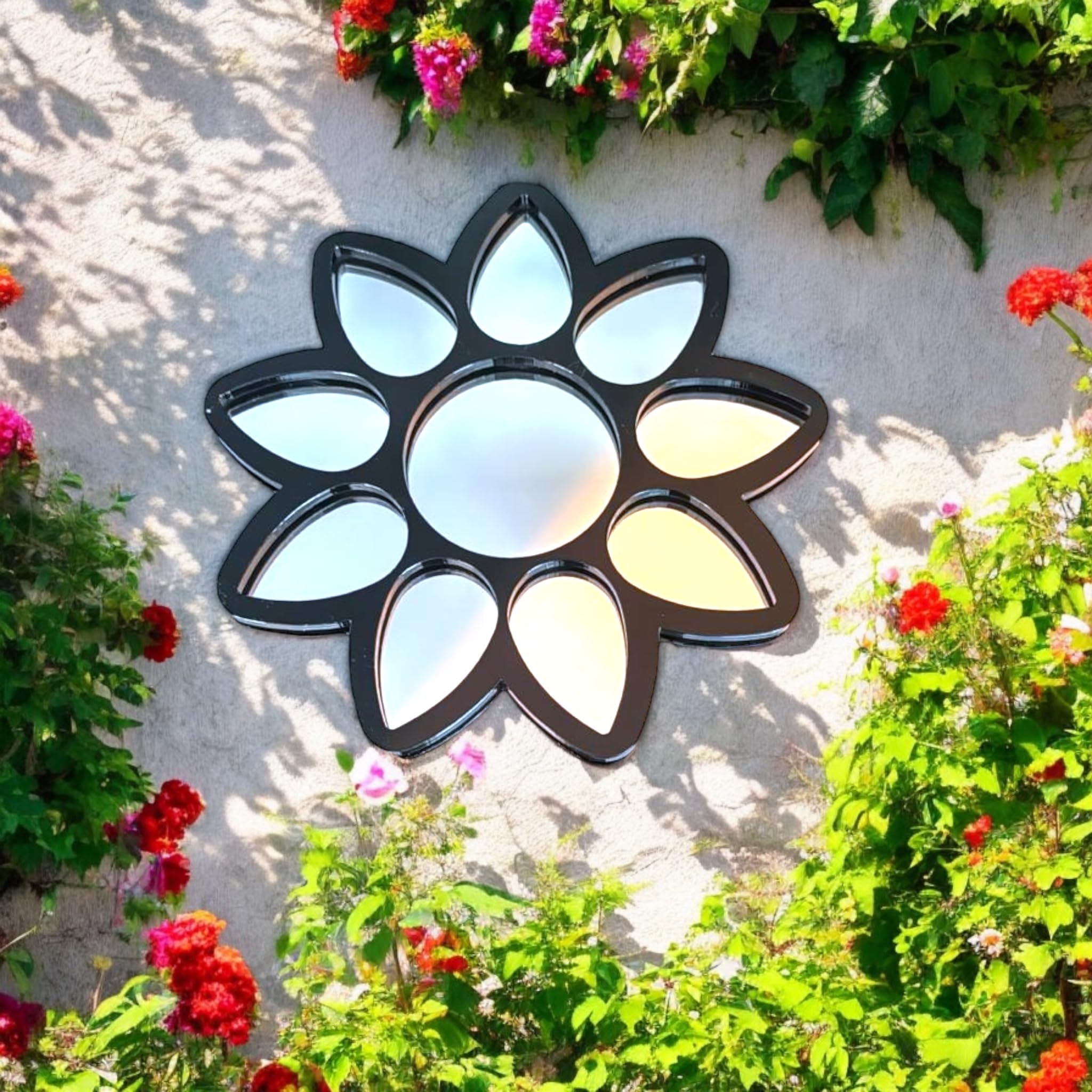 Miroir de jardin décoratif en forme de fleur, 38 cm, mur extérieur encadré