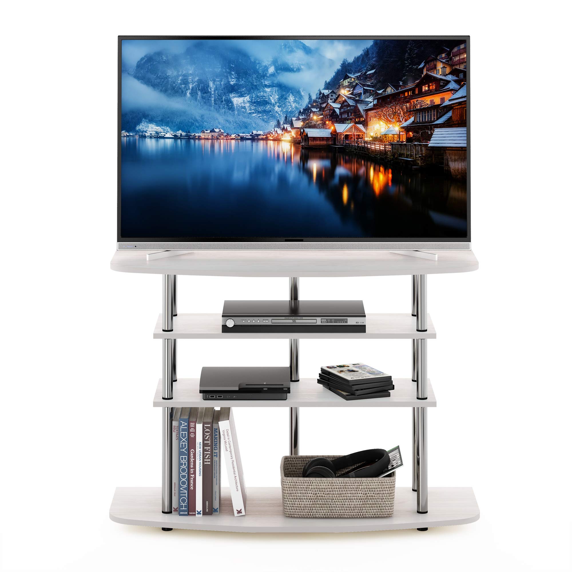 Furinno Frans Turn-N-Tube Supporto TV a 4 ripiani per TV fino a 46, rovere bianco