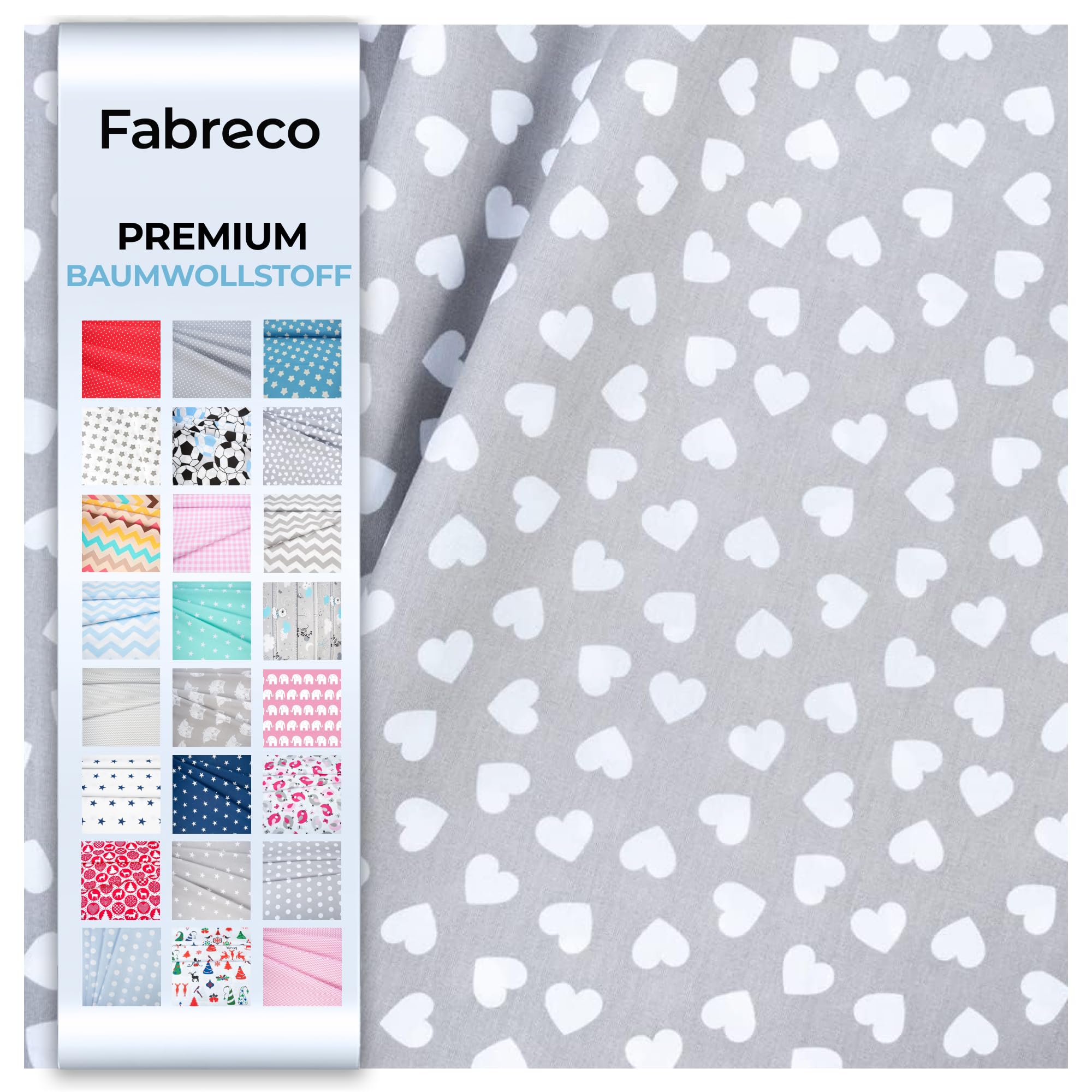 Fabreco - Baumwollstoff Meterware - 220g/lfm | Stoff Meterware mit Muster: Herzen grauer Hintergrund | Weich, langlebig & hautfreundlich
