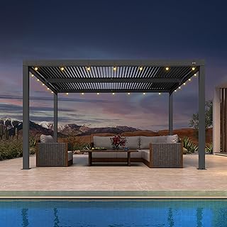 PURPLE LEAF Louvered Pergola 10' x 13' Outdoor Retractable Modern Hardtop Full Aluminum Pergola with Adjustable Rainproof Roof and 36 Clear LED String Lights for Patio Deck Backyard Slate Grey