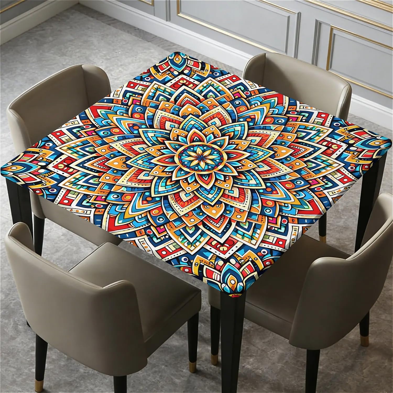 Quadratische Tischdecke 90x90cm mit Gummizug Wasserdicht, Elastische Tischdecke Outdoor wetterfest Abwaschbar für Esstisch Küche Garten Party-Boho-Mandala Garten