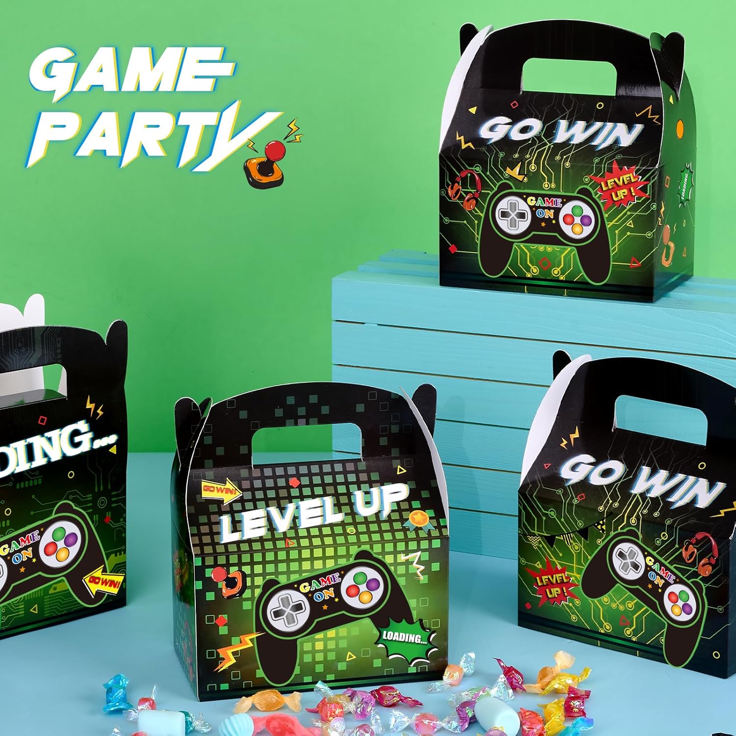 WERNNSAI 12 Pack Game Party Boxes - Gamer Party Decorations Green Black Gaming Gifts Bags Game On Level Up Birthday Supplies for Baby Shower Graduation Parties Decorations