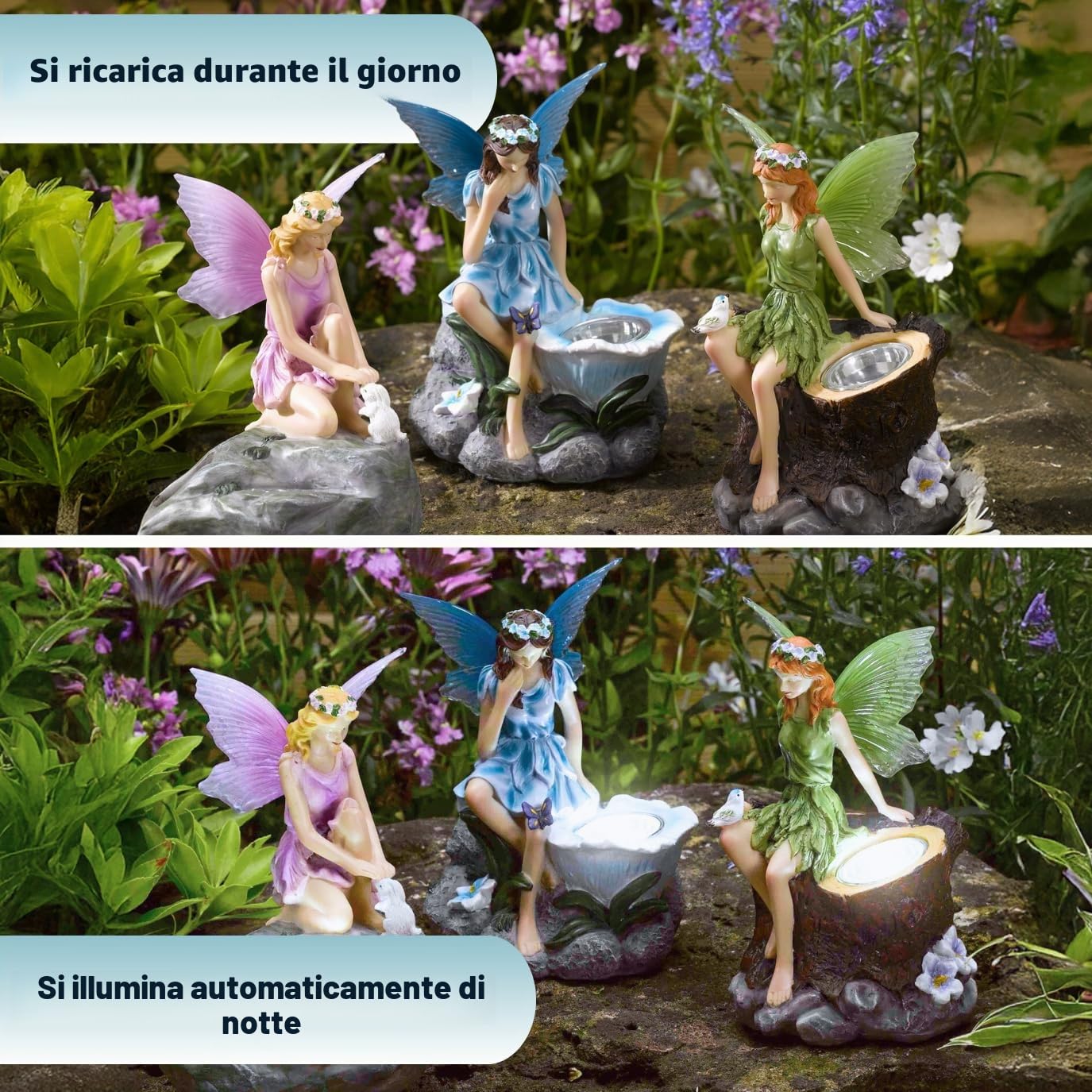 Garden Mile Set di 3 statue fatate da giardino a energia solare, con faretti a energia solare, impermeabili, a LED, per giardino, vialetto, prato, patio