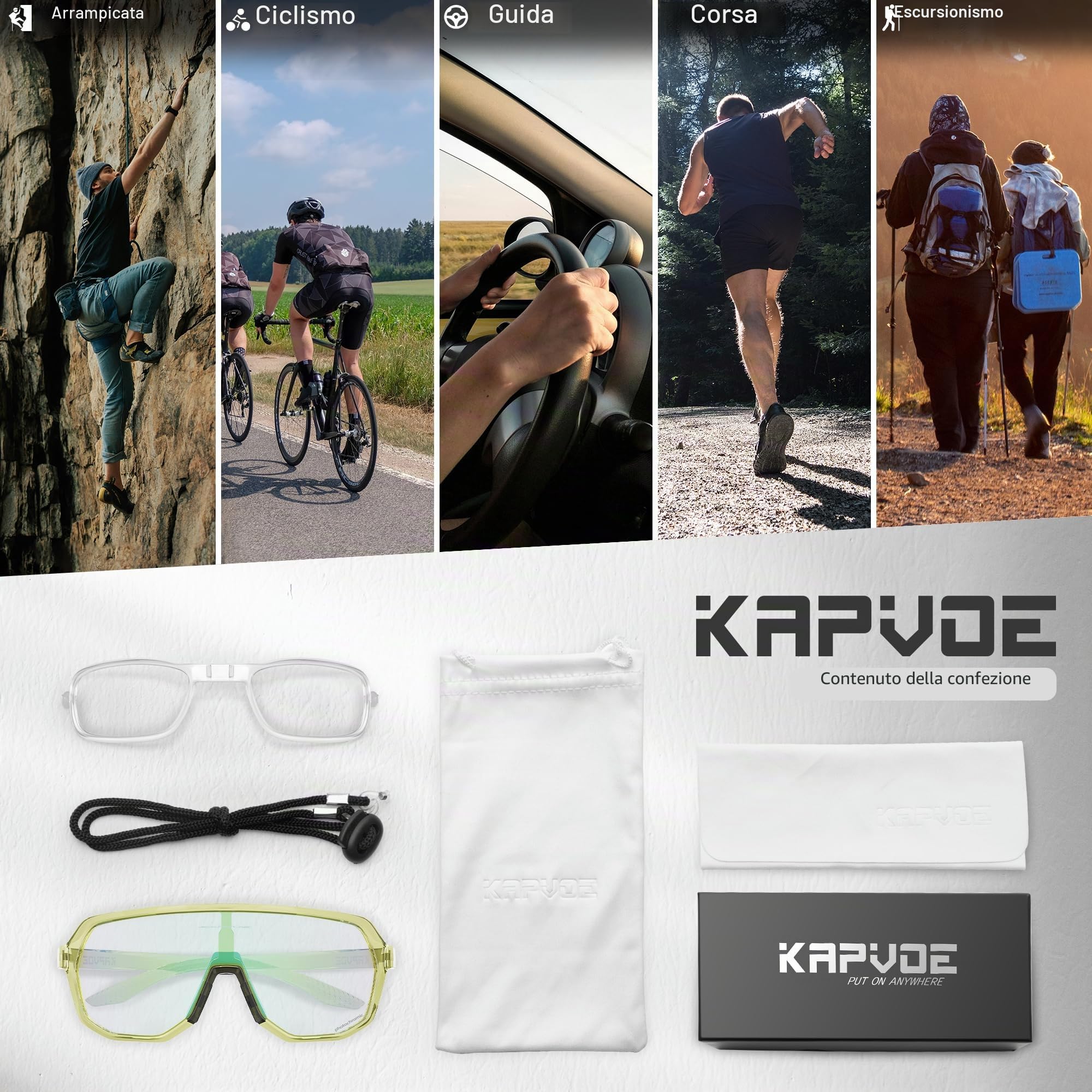 KAPVOE Occhiali Ciclismo Fotocromatici UV400 TR90 Uomo Donna K63 | Fotocromatica da trasparente a verde CAT.1-CAT.2, UV400, ventilazione, TR90 leggero