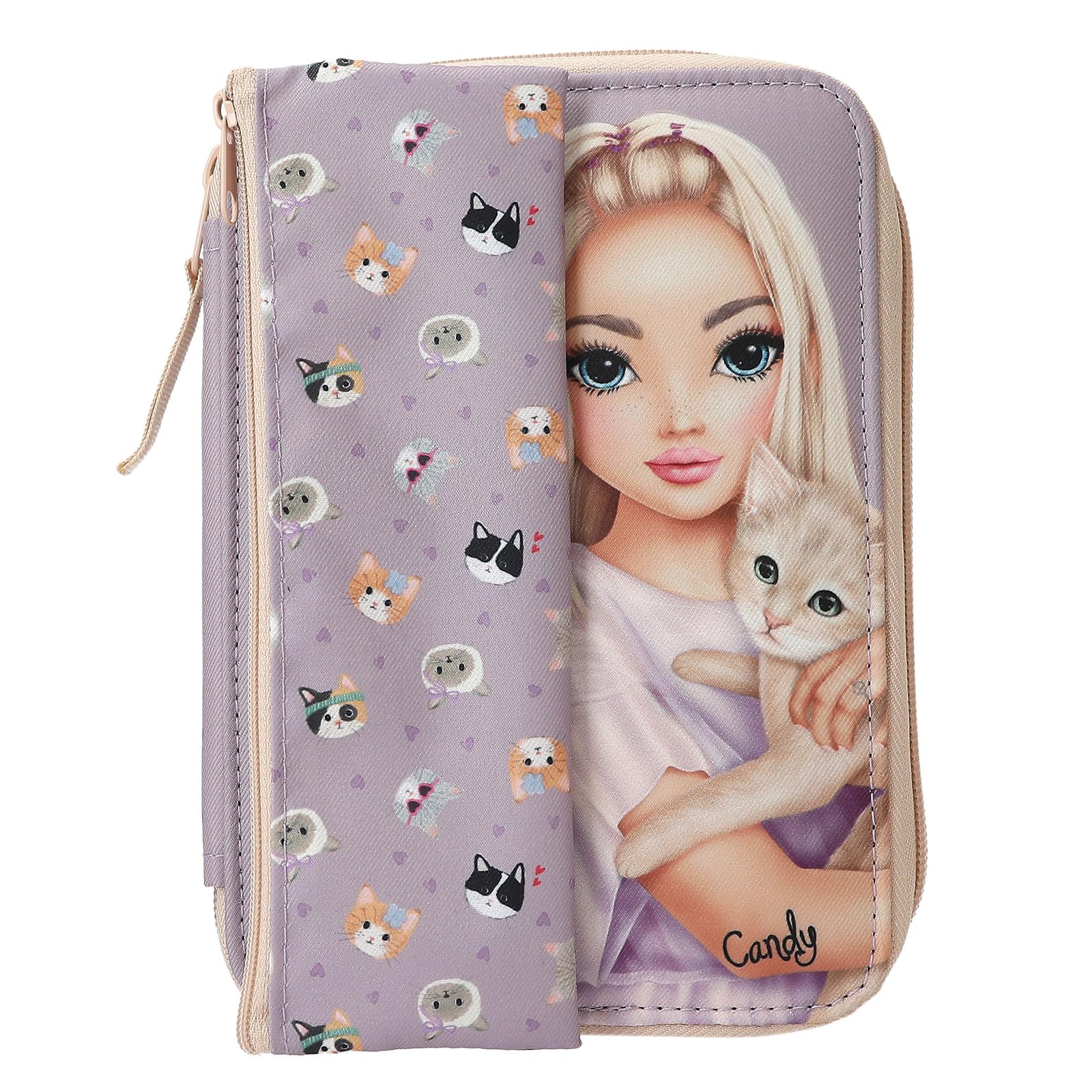 Depesche 13658 TOPModel Kitty and Doggy - Pencil Case with Purple Filling, Including Pencil Case with Model Motif and Cat Pattern, Colored Pencils, Scissors and More