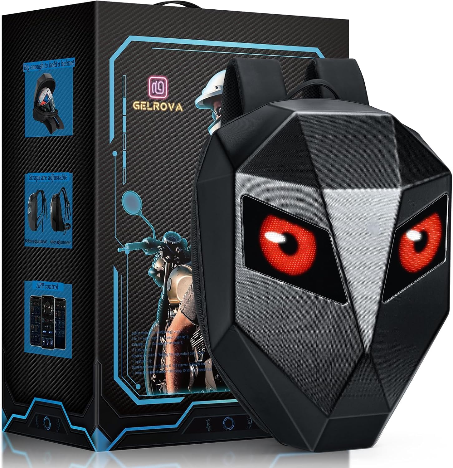 Gelrova Knight LED Motorcycle Backpack with Light Up Moving Eyes, App Control Hard Shell Laptop Backpack 19in (Large)