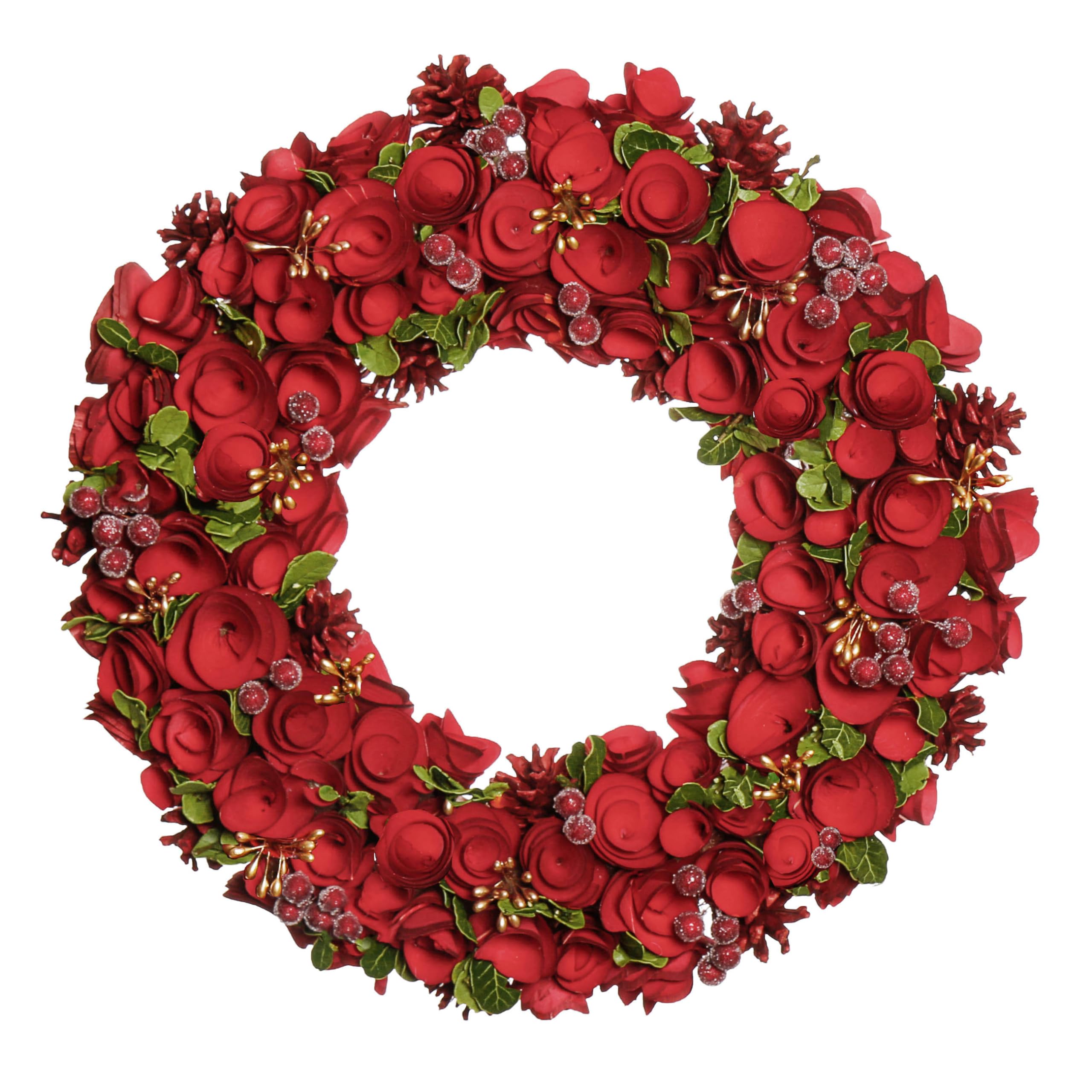 18" Red Rose Wreath Wooden Artificial Evergreen Memorial Grave Wreath