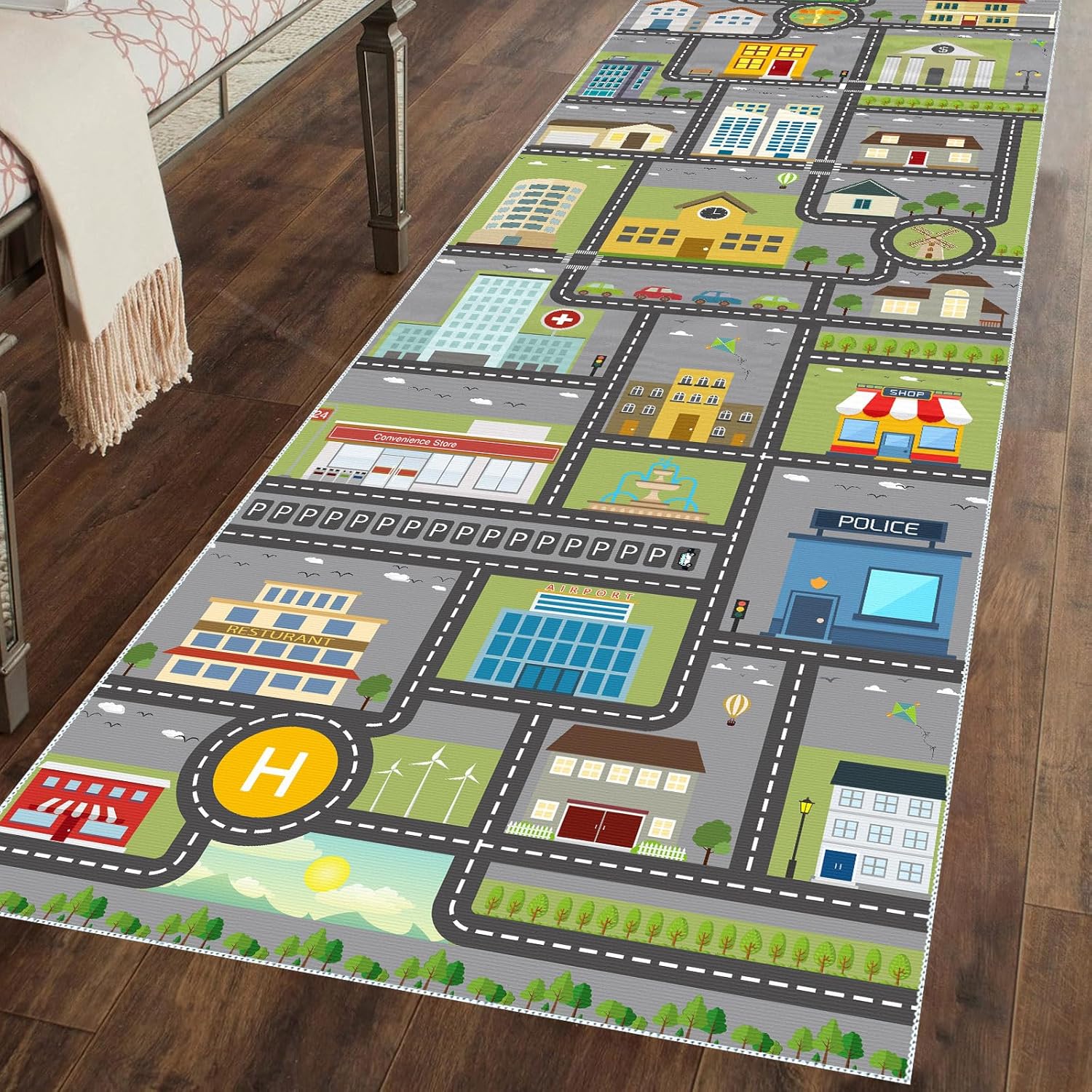 Kids Play Road Rug for Playroom Runner Rug for Bedroom Playroom Bedside，City Life Educational Road Traffic Carpet (Gray, 2' x 10')