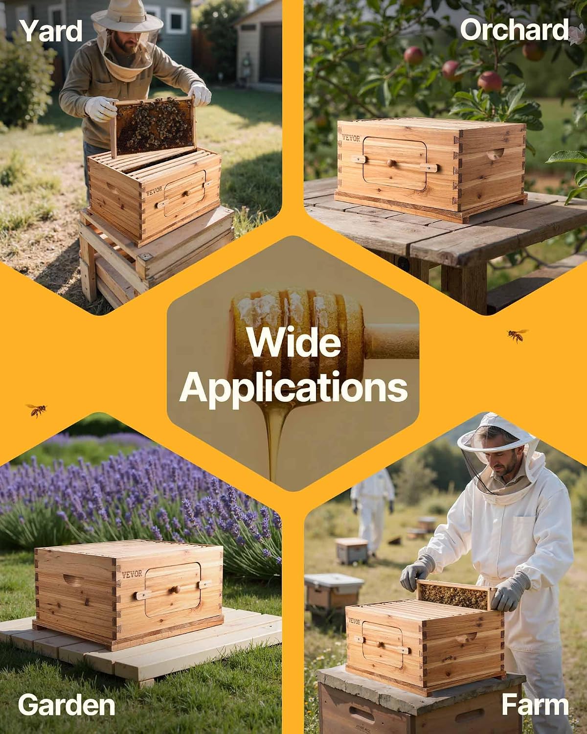 VEVOR 10 Frame Bee Hive, Beeswax Coated Fir Wood, Bee Hives Starter Kit, Bee Boxes Langstroth Beehive Kit, Transparent Acrylic Windows with Foundations for Beginners Pro Beekeepers