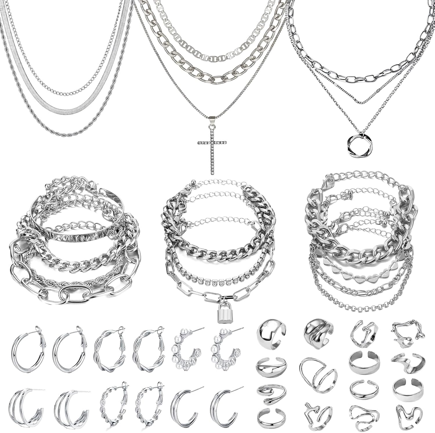 Silver Jewelry Set for Women, 38 Pcs Fashion Silver Plated Accessories with 3 Necklace 11 Bracelet, 6 Hoop Earrings 15 Knuckle Rings for Women Valentine Anniversary Birthday Friendship Gift