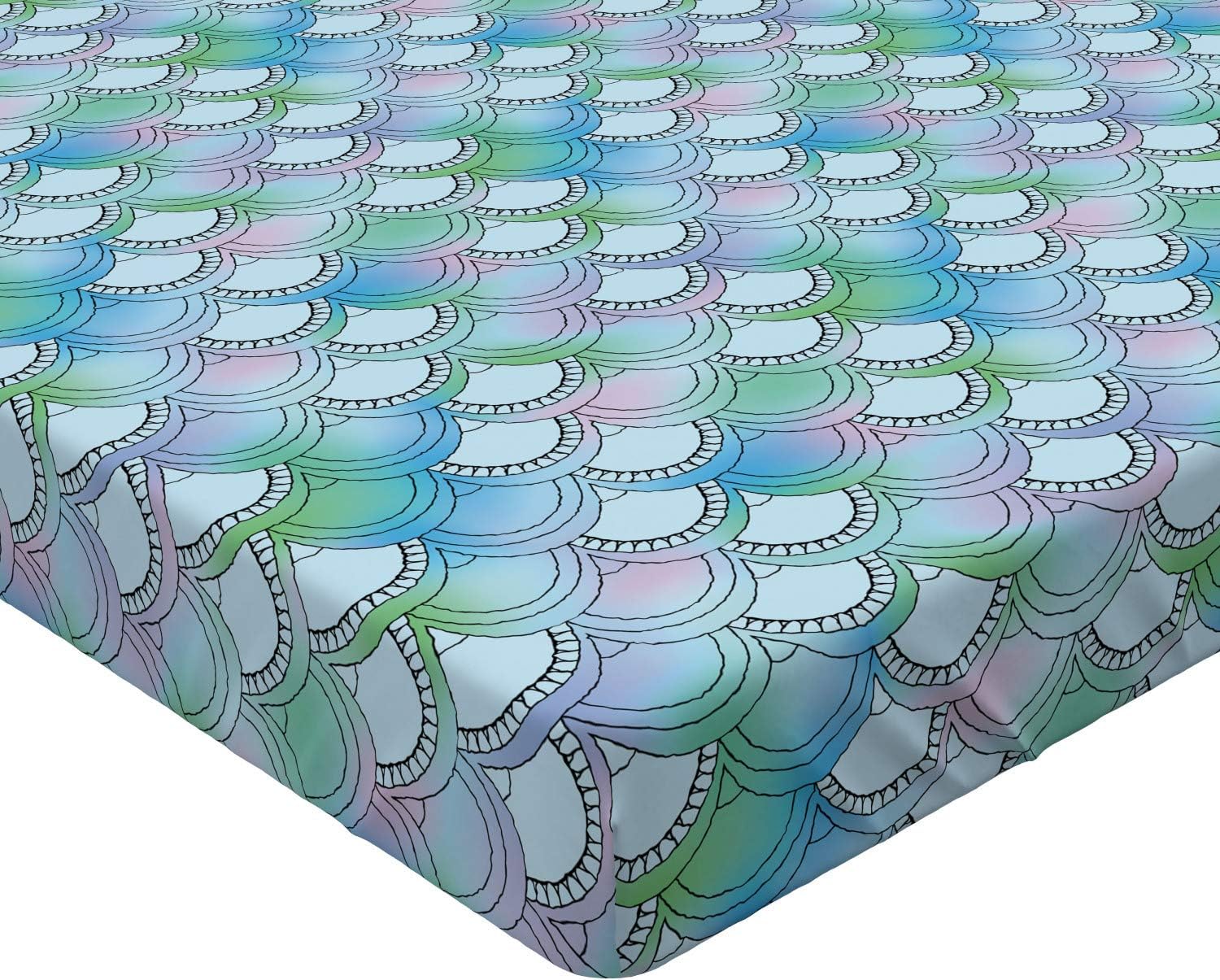 Ambesonne Fish Scale Fitted Sheet, Japanese Squama Pattern with Smooth Color Change Marine Fantasy Mermaid Tail, Bed Cover with All-Round Elastic Deep Pocket for Comfort, Queen Size, Blue Green
