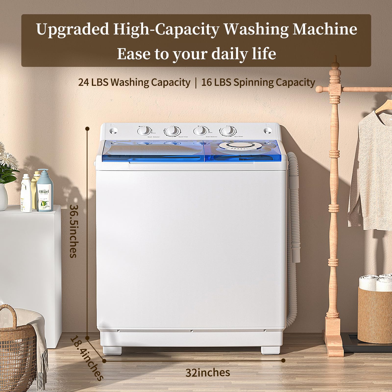 VCJ Portable Washing Machine, Twin Tub Washing Machine Laundry Compact Washer spinner Combo with 20lbs capacity, 12Lbs Washer and 8Lbs Spinner dryer for Apartments RVs and Dorms