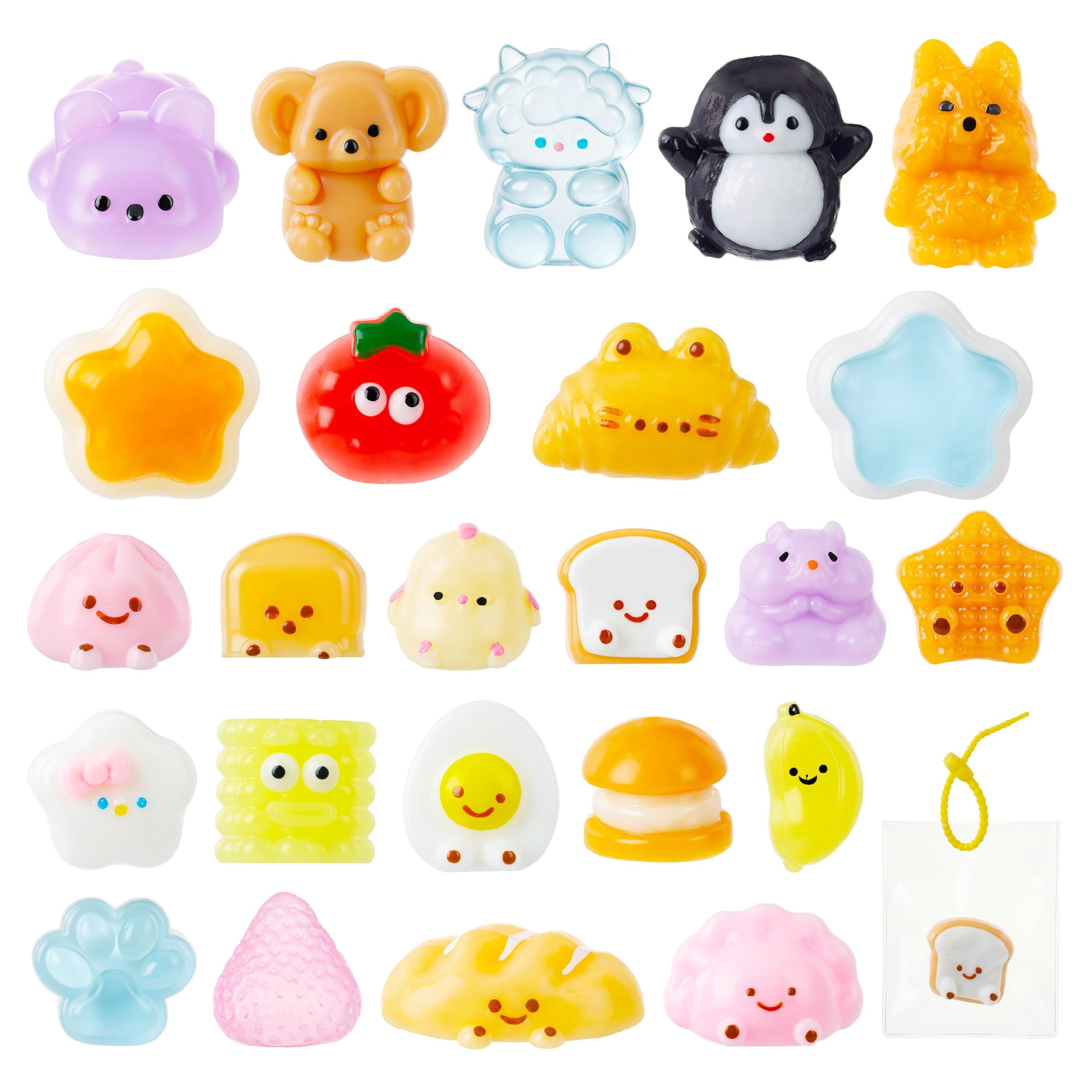 Photo 1 of JOYIN 24 Pcs Kawaii Taba Squishy Toy Keychains, Assorted Animal & Food Squishy Toy, Individually Wrapped TPR Fidget Toys for Kids Party Favors, Classroom Treasure Box Prizes