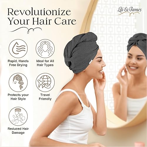 Miniatura 6 de Lili&James  Toalla de algodón para el cabello para mujer, secado rápido, suave y absorbente, 10 x 26 pulgadas, toallas envolventes para el cabello