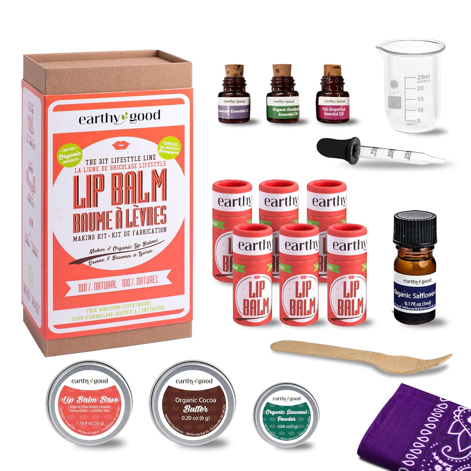 Earthy Good: Lip Balm Making Kit - Make 8 Twist-Up Balms, DIY Beauty Craft Kit for Adults, Organic Ingredients, Beeswax, Cocoa Butter, Essential Oils