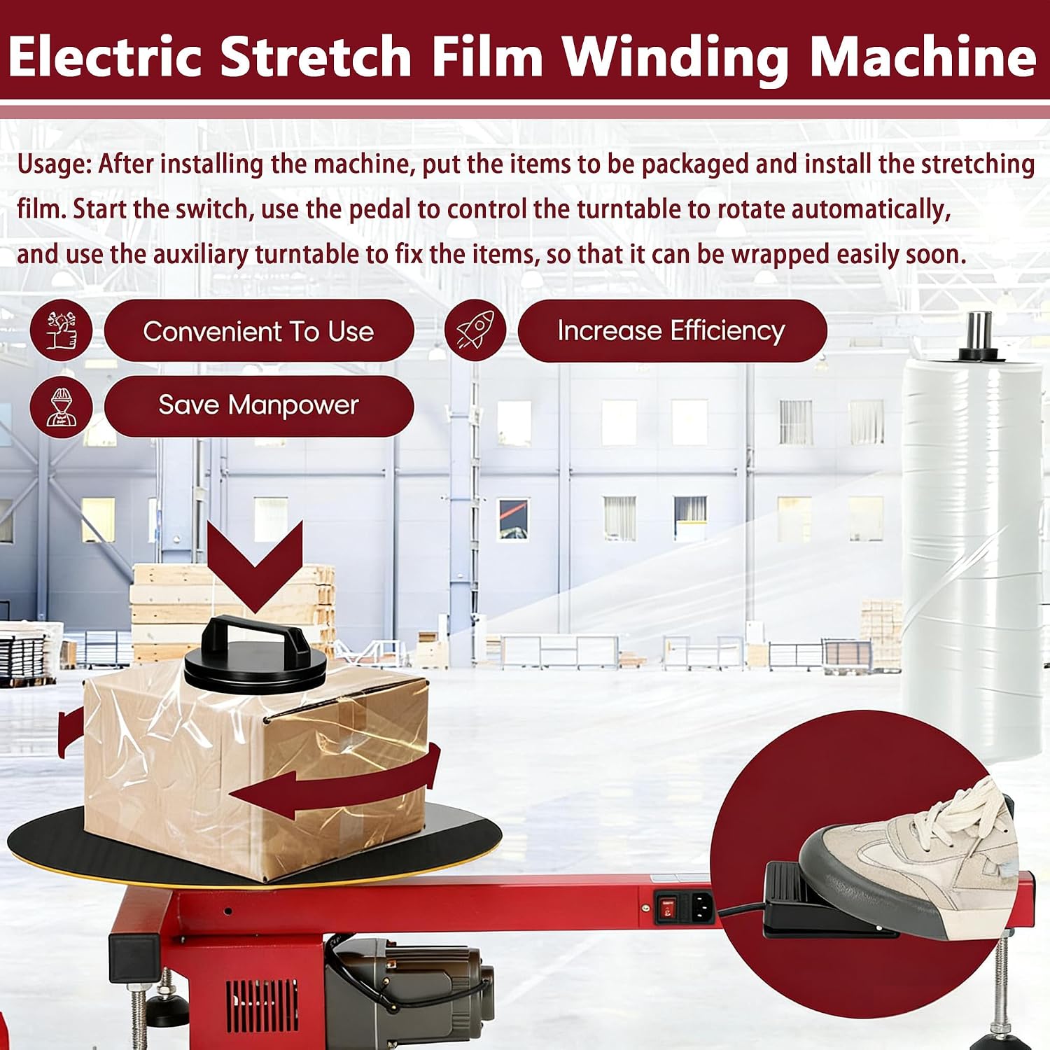 Electric Film Packing Machine, Heavy-Duty Film Wrapping Machine, Pallet Box Shrink Wrapper for Films Up to 27.5 Inches Wide, 25W, Used for Logistics Packaging, Shipping Supplies, Carton Wrapping