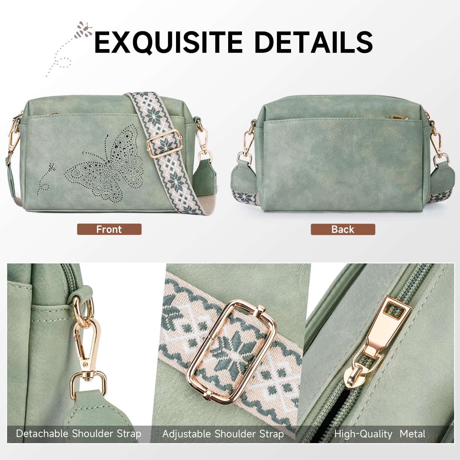 Crossbody Bags for Women, Vegan Leather Small Crossbody Purse Butterfly Shoulder Handbags with Wide Strap - Image 5