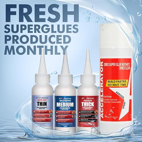 STARBOND CA Glue with Activator Kit Thin, Medium & Thick 2 oz Bottles with 6 oz Accelerator Premium Cyanoacrylate Super Glue Bundle for Woodworking, Woodturning, Hobby Models Crafts & 3D Printing