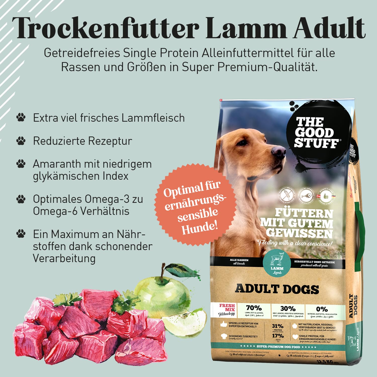 THE GOODSTUFF Lamm (Adult) 12,5 kg | Hochwertiges Hundetrockenfutter getreidefrei | Mit frischem Lammfleisch | Hundefutter trocken für ausgewachsene Hunde | ausgewogenes Trockenfutter für Hunde