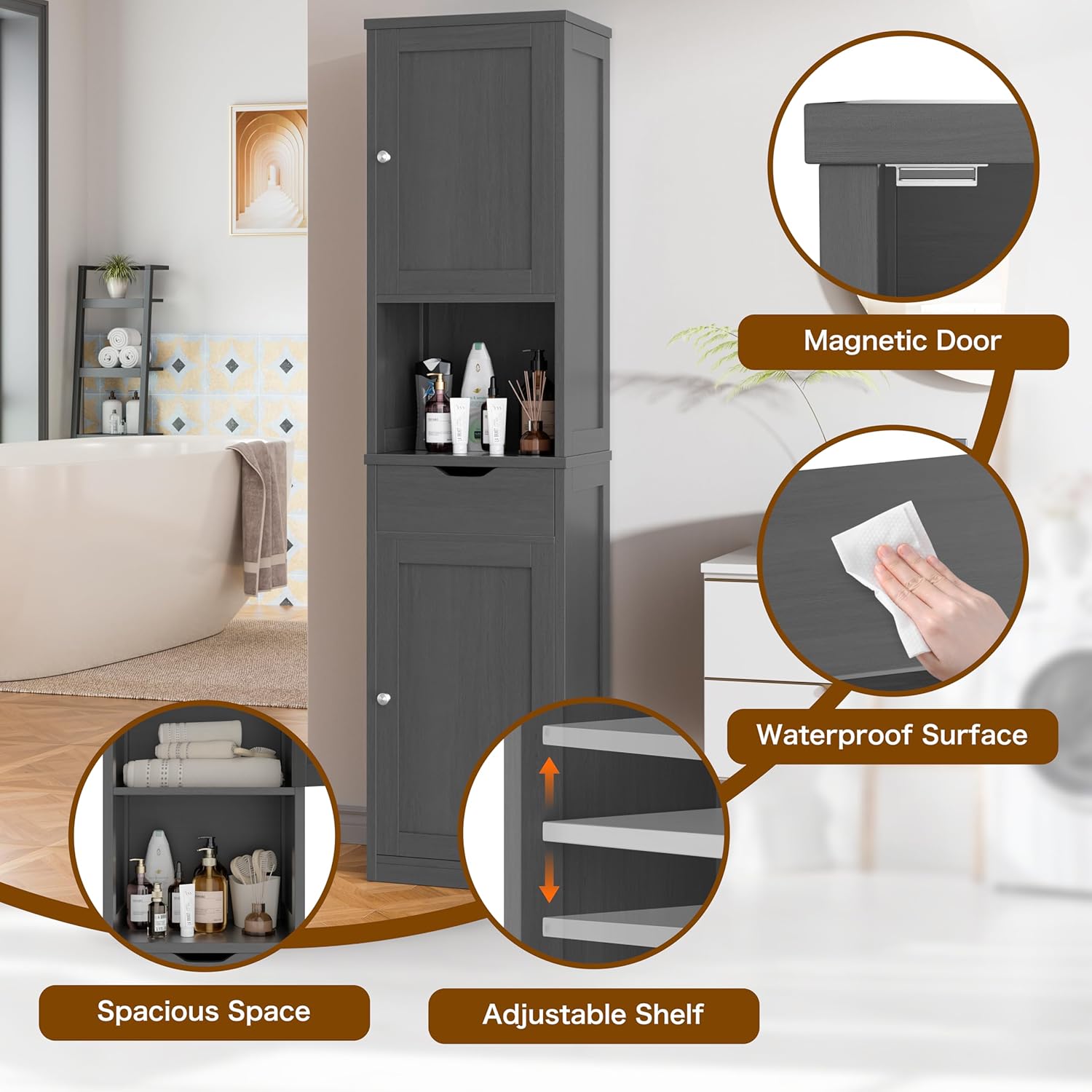 Close-up of Walsunny cabinet features including magnetic door, waterproof surface, and adjustable shelf mechanism.