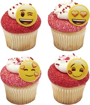 DecoPac Emoji Heart Cupcake Rings, 24 Cupcake Decorations Featuring Emoji Faces, Cupcake Toppers, Food Safe For Birthdays, Celebrations, Valentine's, Anniversary, Wedding 24 Pack