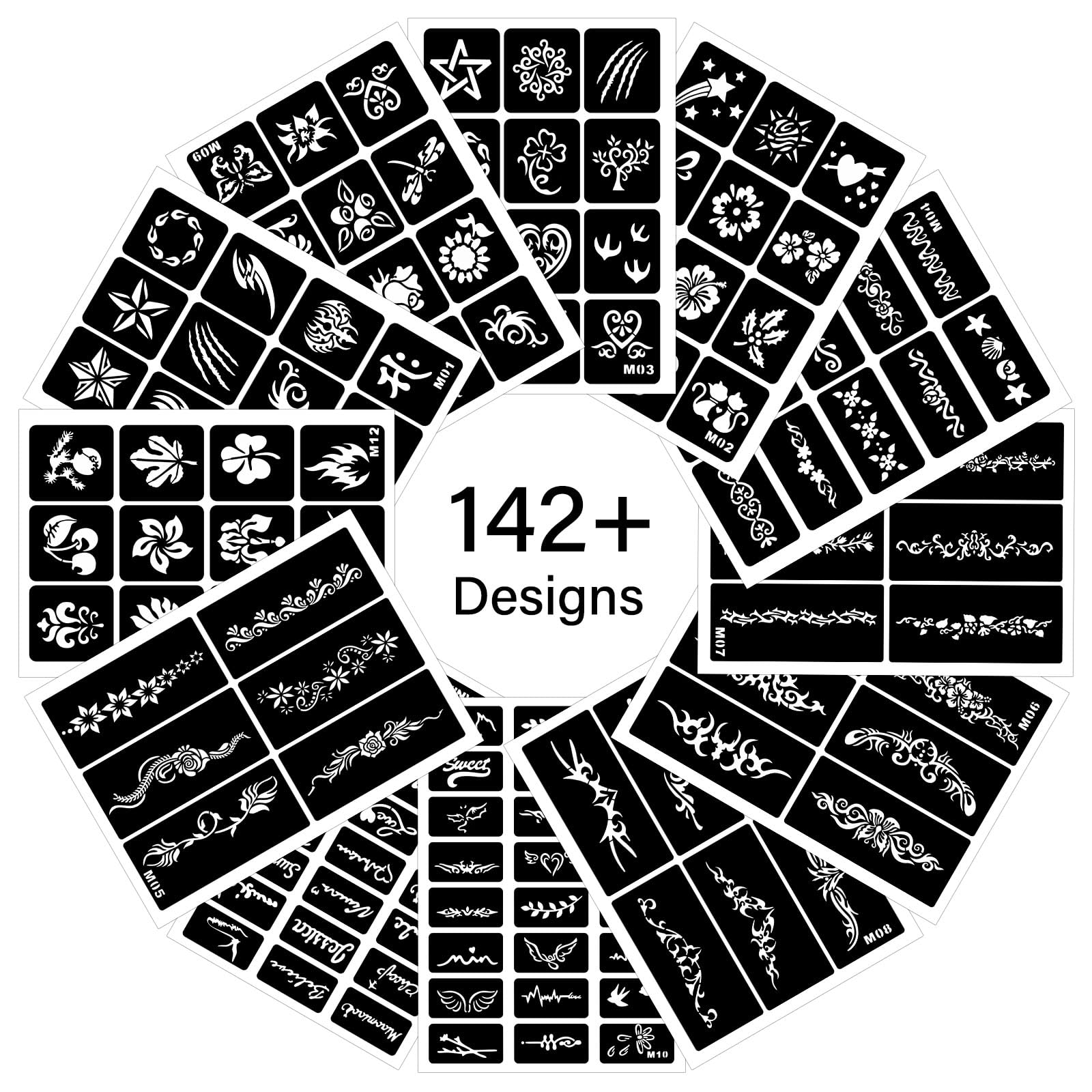 12 Temporary Tattoo Stencils,142 PCS Henna Stencils Reusable Tattoo Stencils for Face Body Art Painting for Women Men Adults Kids
