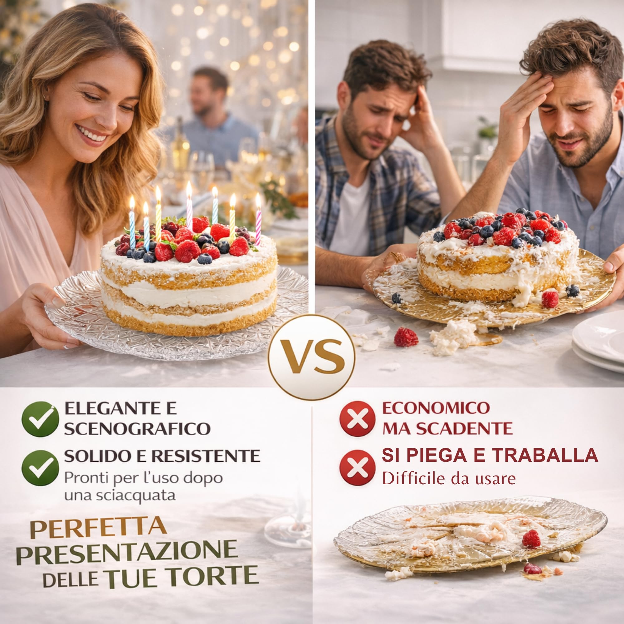 5 Vassoi Porta Torta Rotondi (Ø 33,5 cm) - Trasparenti con Decorazione a Stella in Plastica RESISTENTE e RIUTILIZZABILE - Porta Torte per Pasticceria, Feste, Compleanni, Matrimoni e Altro