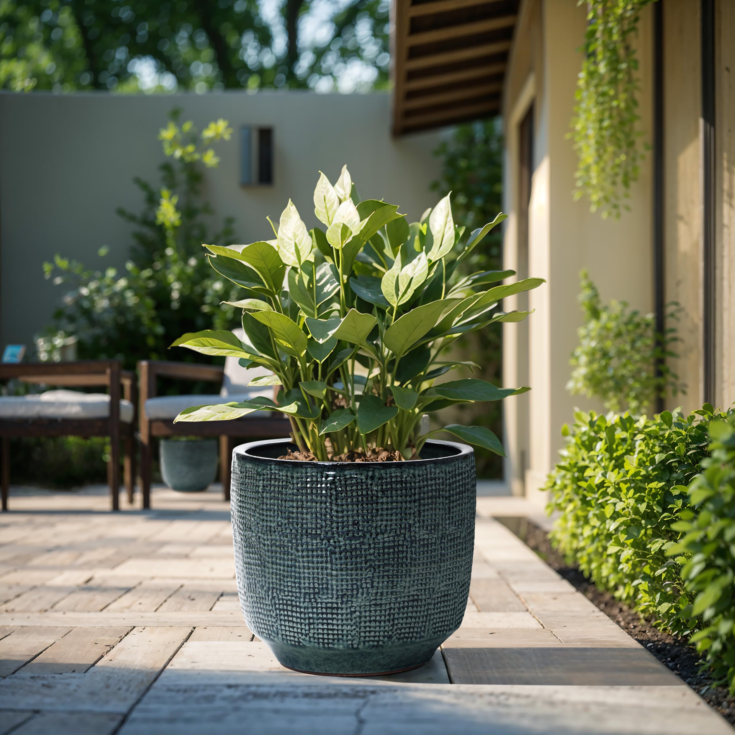 Hometopia Keramik Blumentopf Groß, Round Übertöpfe Außen & Innen, Massiver Pflanzkübel mit Drainage-Loch ideal für Wohnzimmer, Küche und Balkon (Dunkelgrün, Ø30xH28 cm)