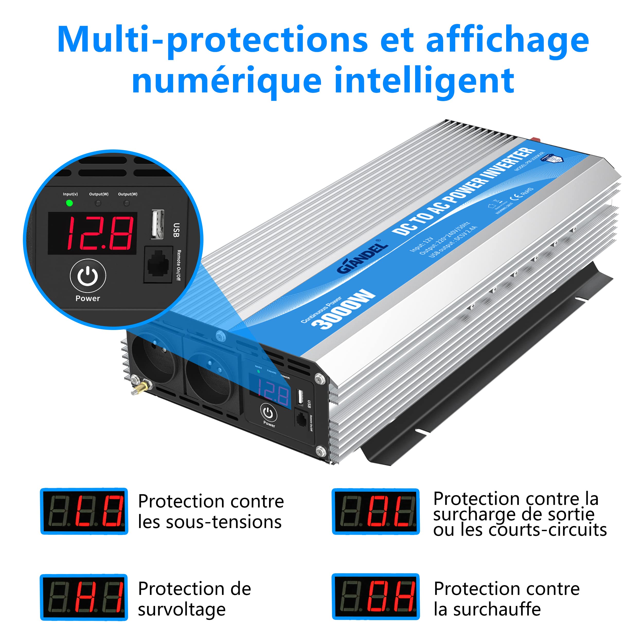 GIANDEL Convertisseur 12V 220V 3000W Onduleur à Onde Modifiée Transformateur Compatible Lithium-Batterie pour La Maison, RV, Camion, Hors Réseau Solaire avec 30 Pieds Télécommande Affichage LED