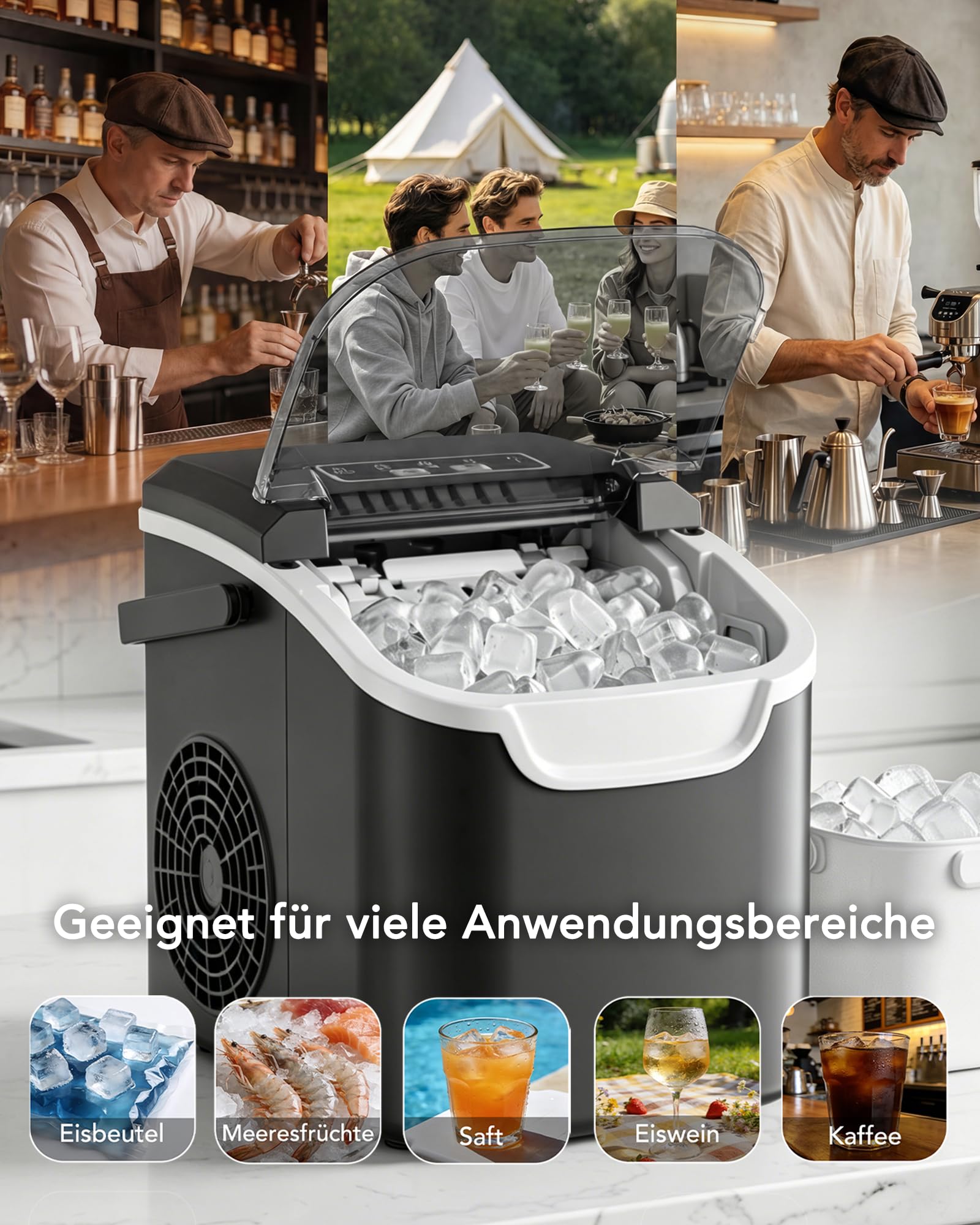 Kismile Eiswürfelmaschine, Eis in 6 Min, 11,8 kg 24 Stunden, Zwei Eisgrößen, mit Tragegriff, Ein-Knopf-Selbstreinigung & flüsterleiser Betrieb, inklusive Eisschaufel und Eisbehälter, Schwarz