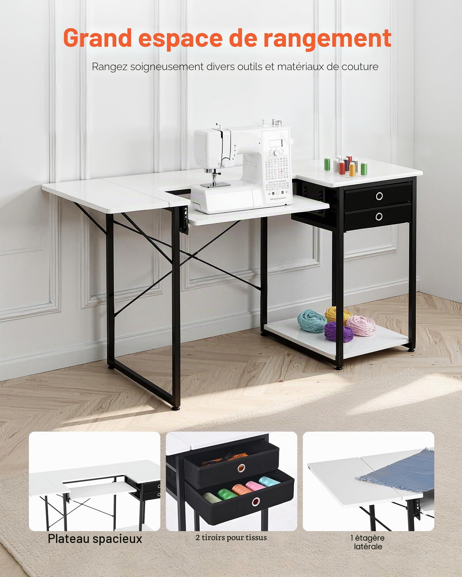 VEVOR Table de Couture, Pieds en Acier, Table pour Machine à Coudre Polyvalente avec tiroirs, Tablette latérale Pliable, étagère réglable, pour Maison, Studio d'art, établissement d'enseignement