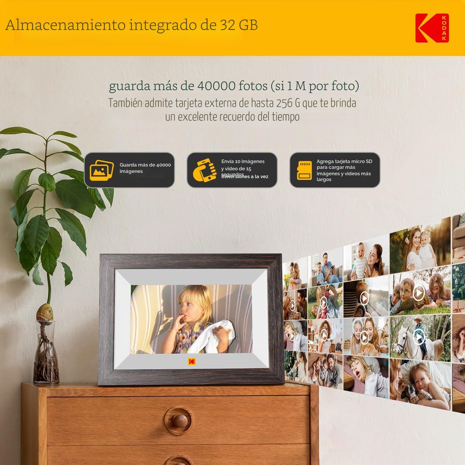 KODAK Marco de Fotos Digital, WiFi Marco Digital 7 Pulgadas, 32GB Memoria, HD IPS Pantalla Táctil, Marco Digital de Fotos, Rotación Automática, Fácil Compartir para Fotos y Vídeos via App o Tarjeta SD