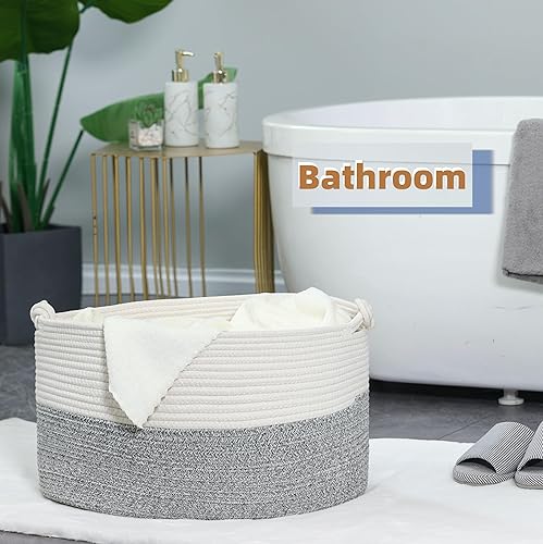 Miniatura 7 de Cesta de manta de 20 x 13 x 11 pulgadas, cesta tejida grande para almacenamiento, cesta de cuerda de algodón para mantas en la sala de estar,