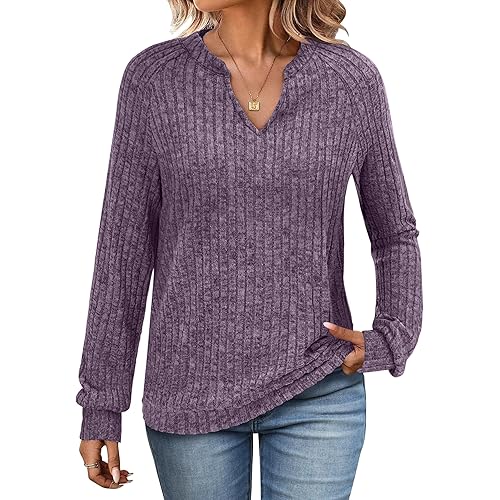 ANRABESS Womens Long Sleeve Tunic Tops Casual V Neck Ribbed Knit Loose Fit Shirts Lightweight Sweaters 2025 Fall Clothes