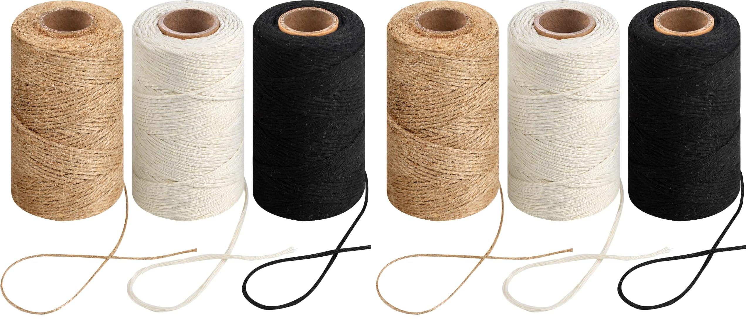 984 Ft Twine String, Natural Jute Twine, 2mm White Cotton Rope, 10ply Black Cotton for Crafts, Art, Gardening Plants, Gift Wrapping, Decoration, Packing String Bulk(3 Rolls) (Pack of 2)