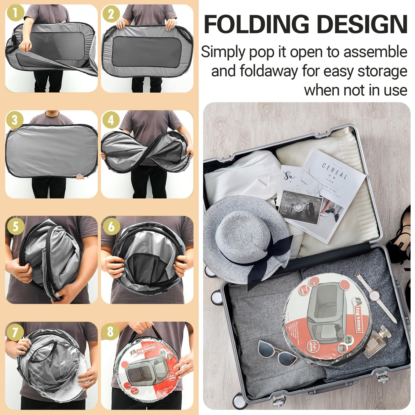 Caisse de Transport pour Chien Parc Pliable Cage Portative Clôture pour Animaux de Compagnie en Tissu Oxford Imperméable Plaqué Respirant pour Animaux Chien Chat Rongeur (Gris)