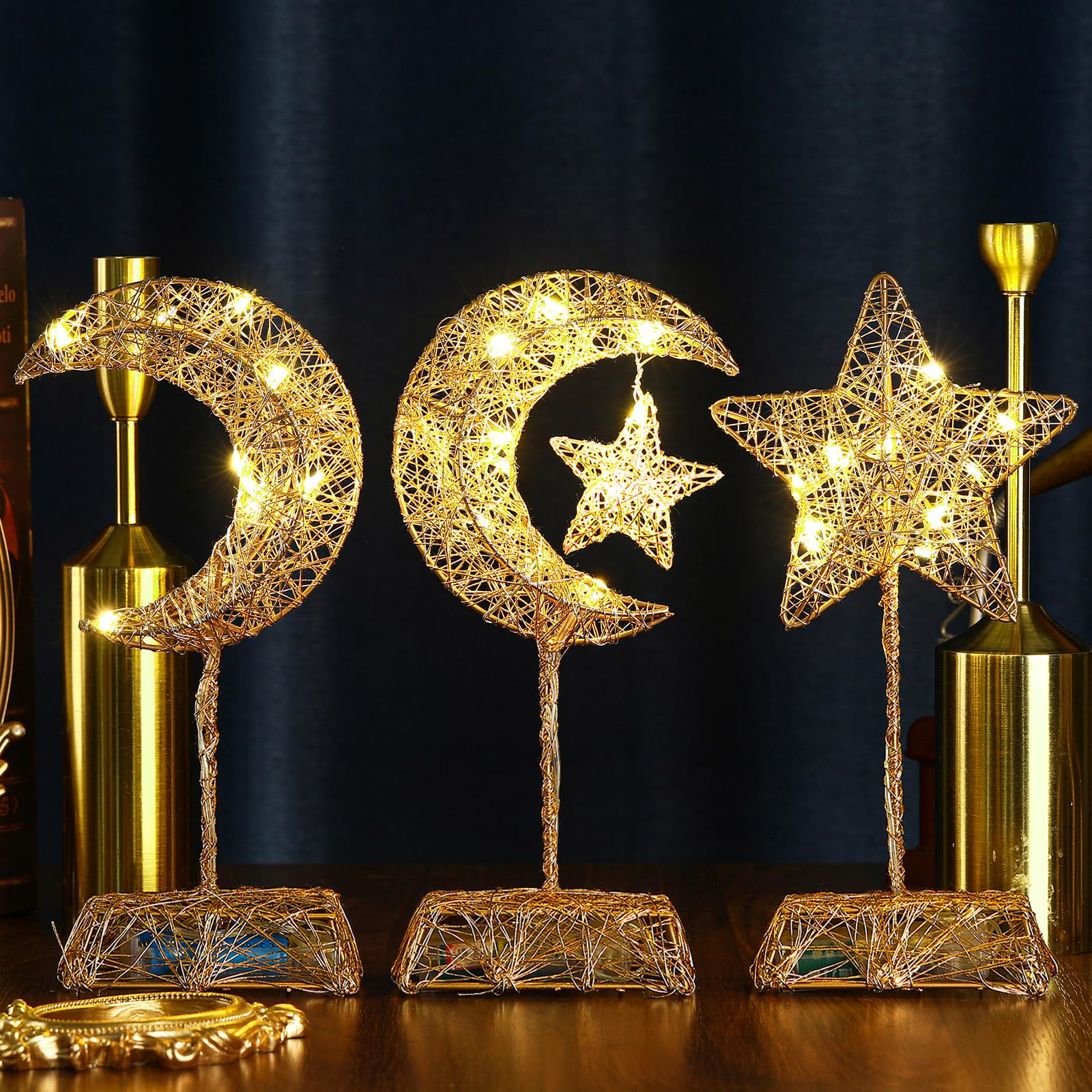 Baquler 3 Pcs LED Lighted Ramadan Moon and Star Ornament Gold Glittered Battery Operated Ramadan Decoration Table Decor for Indoor Home Bedroom Tabletop Centerpiece Holiday Party