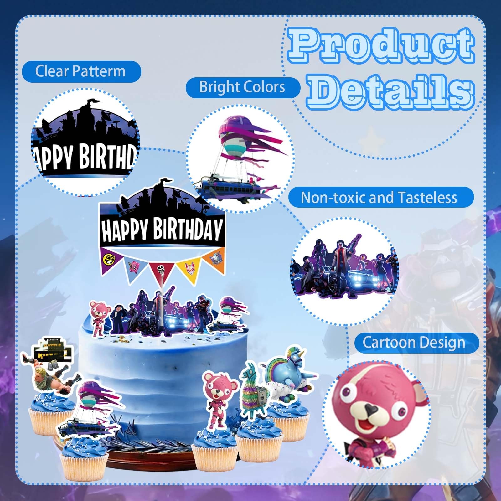 Fortnite Kuchen Deko Set – 25 Stück Cake Topper Für Kindergeburtstag Inkl. Großer Topper Und Dekorationen