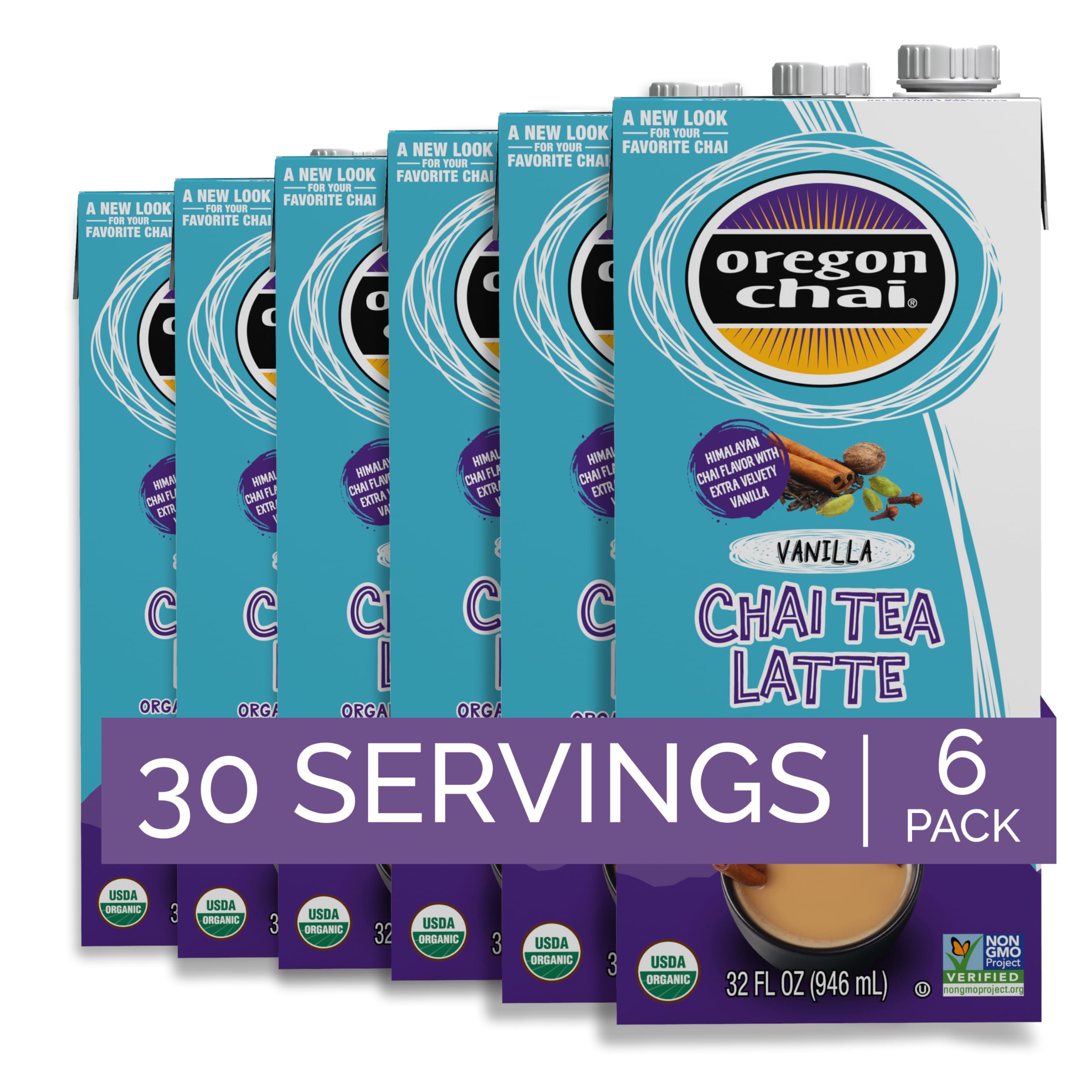 Oregon Chai Vanilla Chai Tea Latte Concentrate 32-Ounce Boxes (Pack of 6), Liquid Chai Tea Concentrate, Spiced Black Tea For Home Use, Café, Food Service