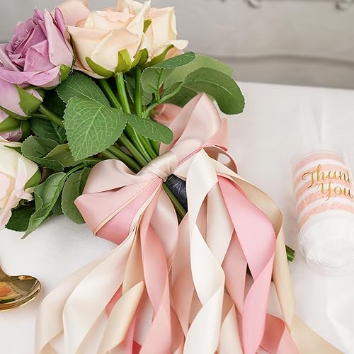 Miniatura 6 de MAYREEL Cinta de seda rosa y dorada de 1 pulgada para el día de San Valentín, boda, ramo de novia, decoración del día de la madre, 6 rollos, 10