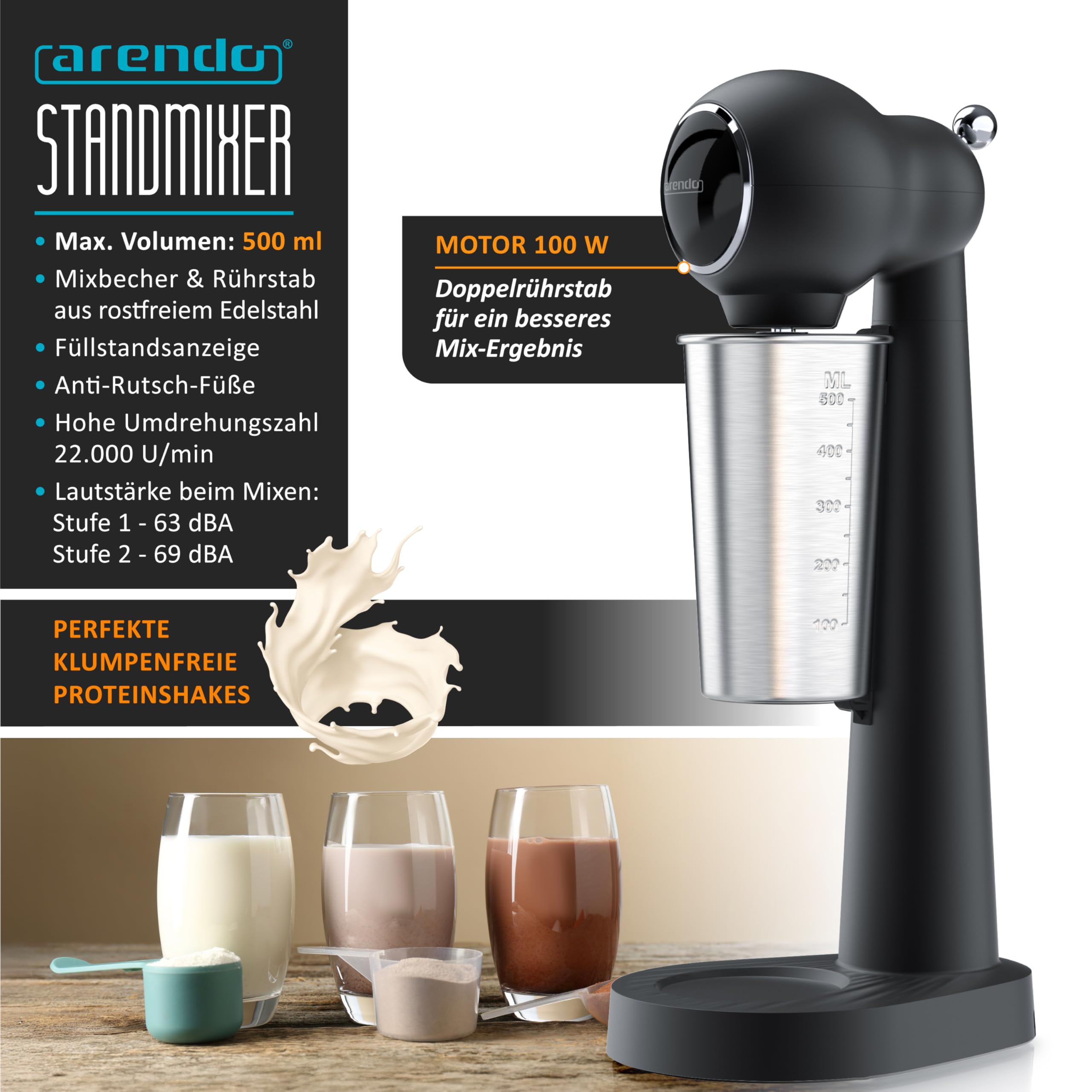 Arendo - Drink Mixer - Eiweiß Shaker - Getränkemixer - elektrischer Standmixer - 500 ml Becher - 22.000 U min - 2 Geschwindigkeitsstufen - Fitness Protein Drinks Smoothies Milchshakes Cocktails