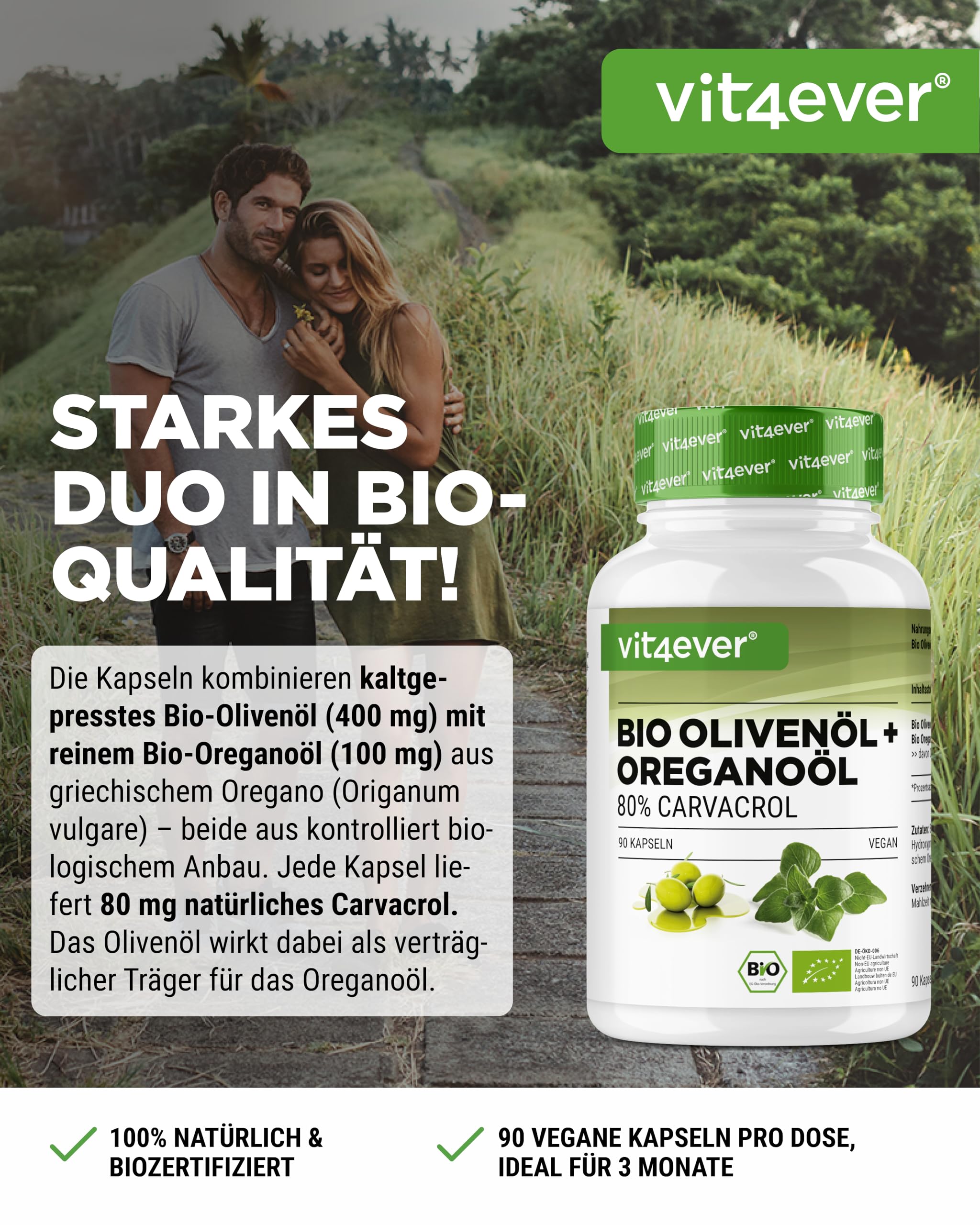 vit4ever Bio Oreganoöl Olivenöl - 90 Kapseln - Hochdosiert mit 80 mg Carvacrol pro Kapsel - griechisches Oreganoöl & natives Olivenöl aus kontrolliert biologischem Anbau - Vegan