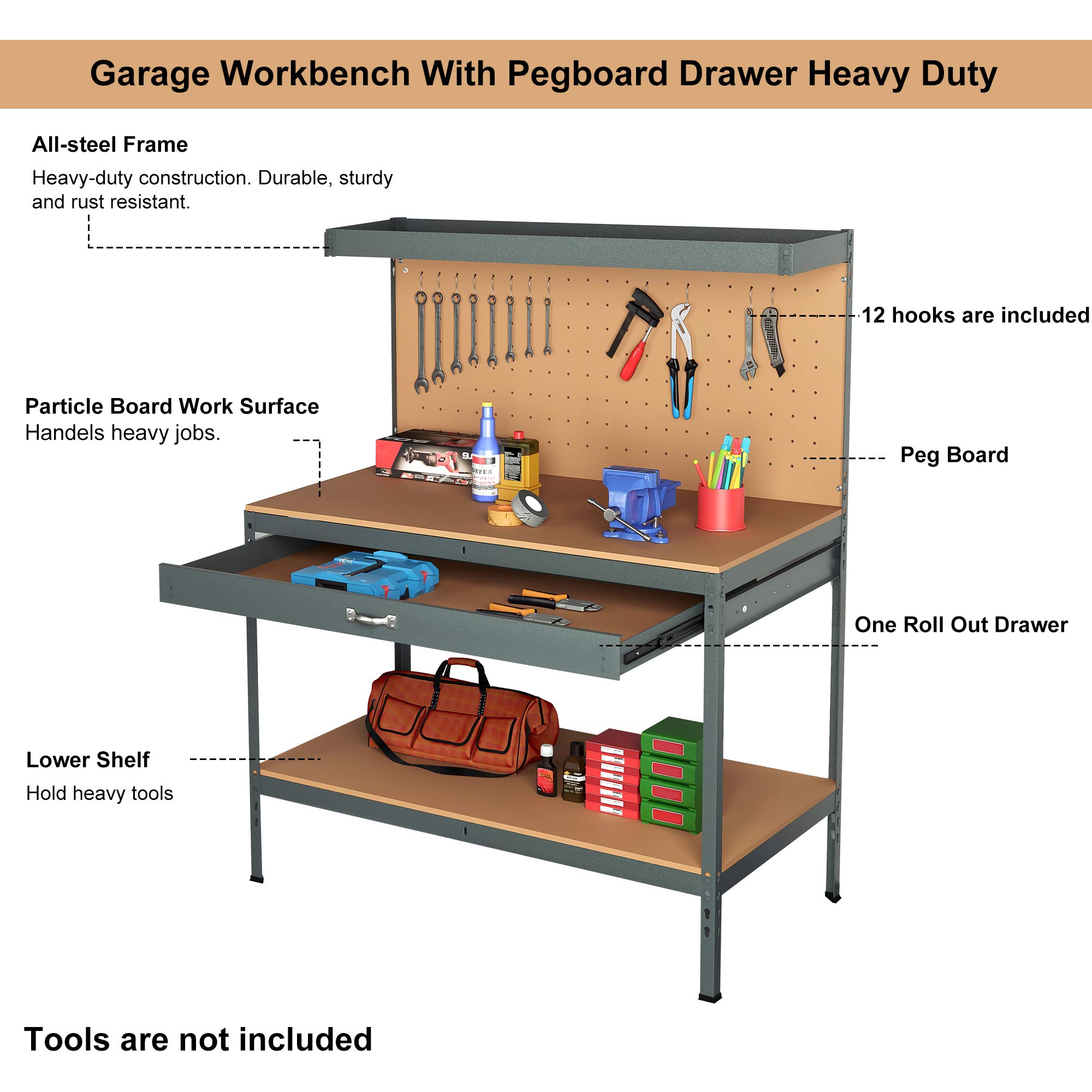 Steel Garage Work Bench Workbench Storage With Drawers Pegboard and 12