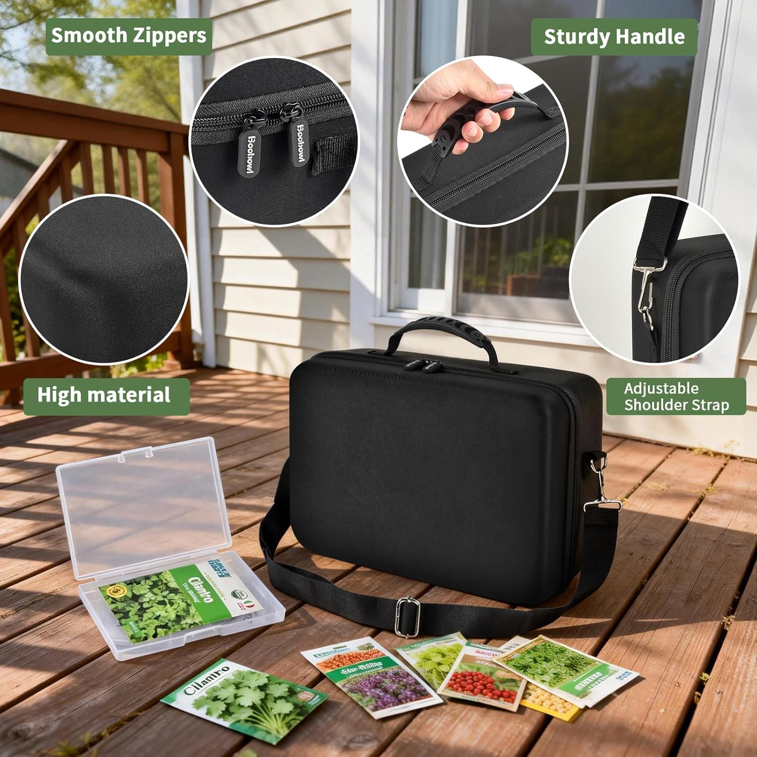 Boobowl 36 Slots Seed Storage Organizer, Hard Shell Seed Holder with Labels, Dry Storage Container for Garden Vegetable Seeds, Sturdy Carrying Bag with Handle and Shoulder Strap (Box Only)