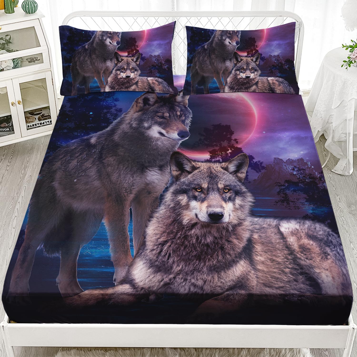 AILONEN Wolf Fitted Sheet Set Twin Size, Safari Wolves Bed