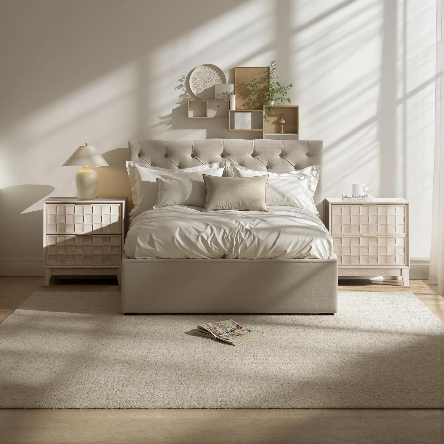 COLAMY Nightstand Set of 2, Night Stand with Charging Station, 2 Drawers Modern Bedside End Table Dresser, with Chessboard Relief and Wood Legs, for Bedroom, Closet and Small Space - Oak