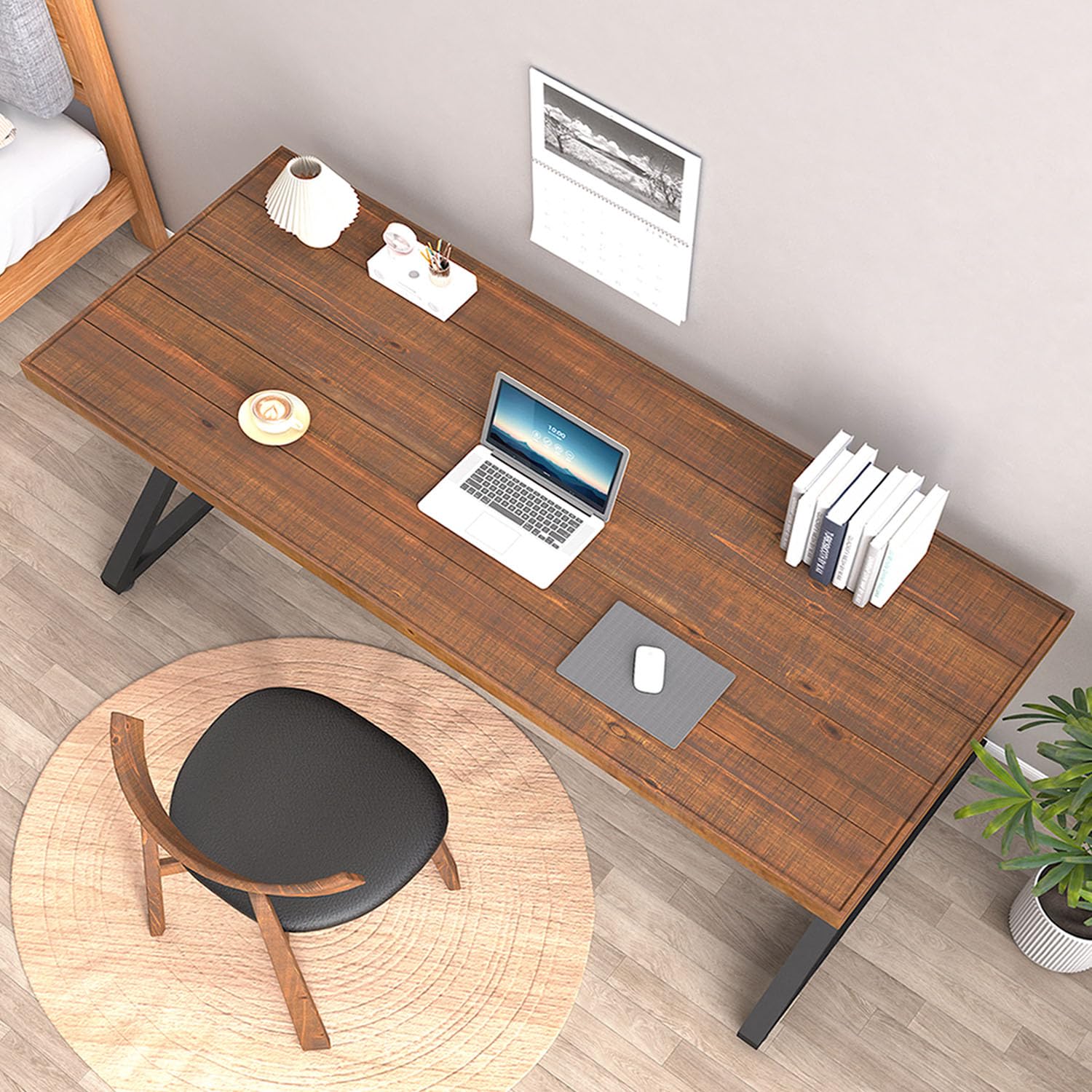 IBF Escritorio de madera maciza, 140 cm, mesa de ordenador con estructura de metal, rústico, para oficina, salón, dormitorio, estudio, marrón