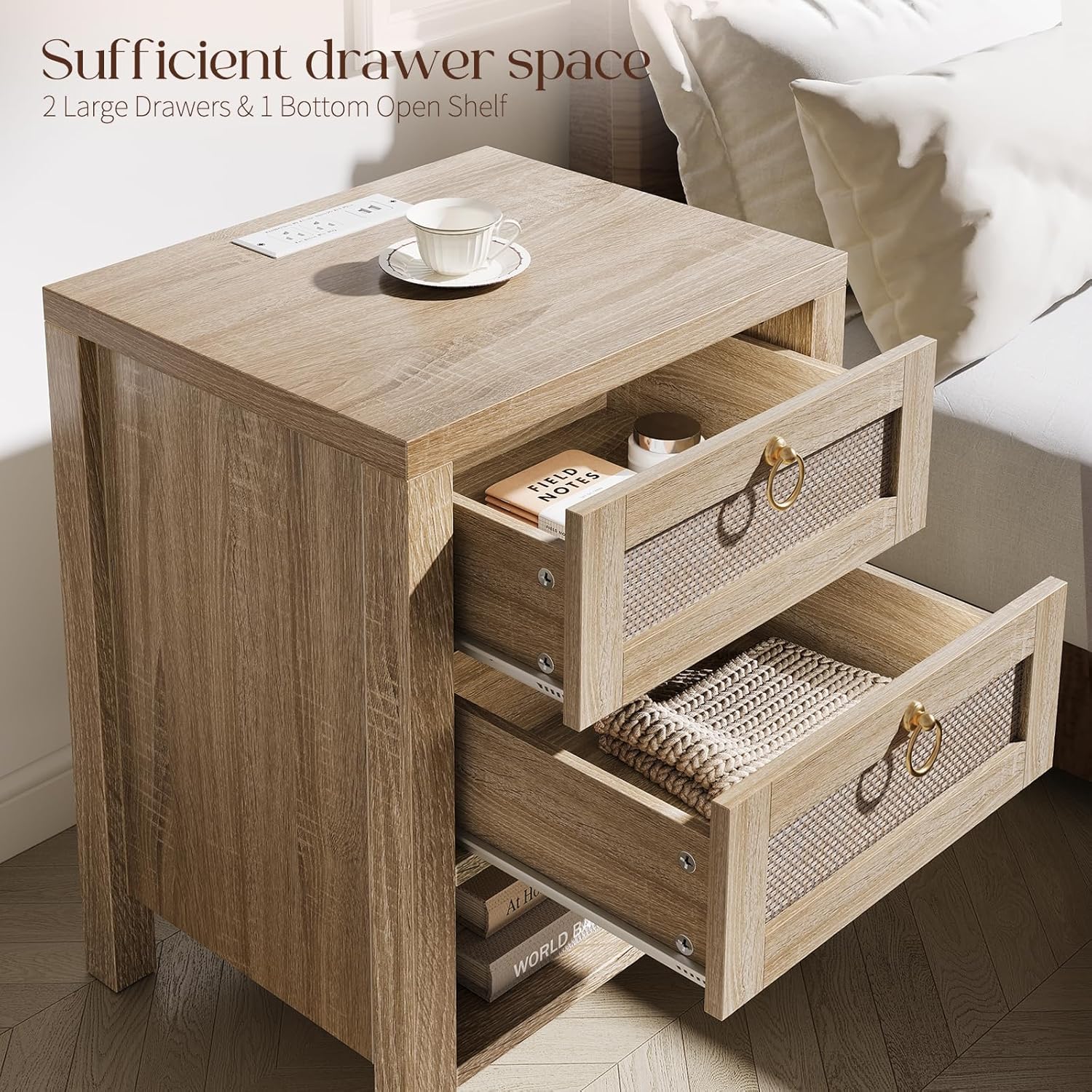 Rattan Night Stand with Drawers - Boho Nightstand with Charging Station, Bedside Table with Storage Shelf, Accent Side Table End Tables Living Room, Wood Nightstands for Bedroom, Light Wood